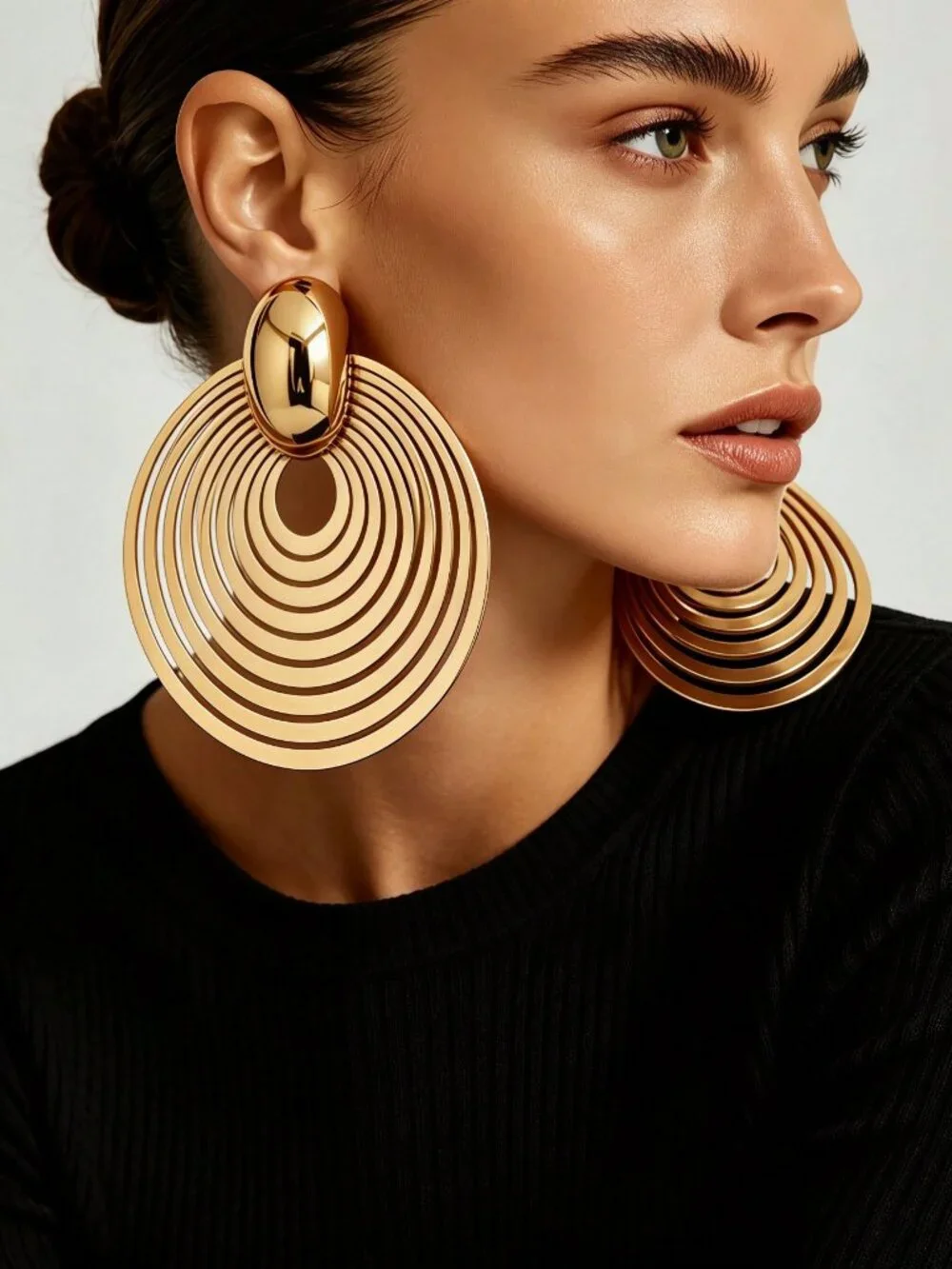 gold Women's polished Metal Oversized round Drop statement Earrings